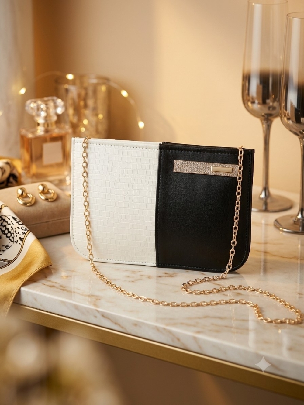 Designer Two-Tone Black and White Crossbody Bag with Gold Chain
